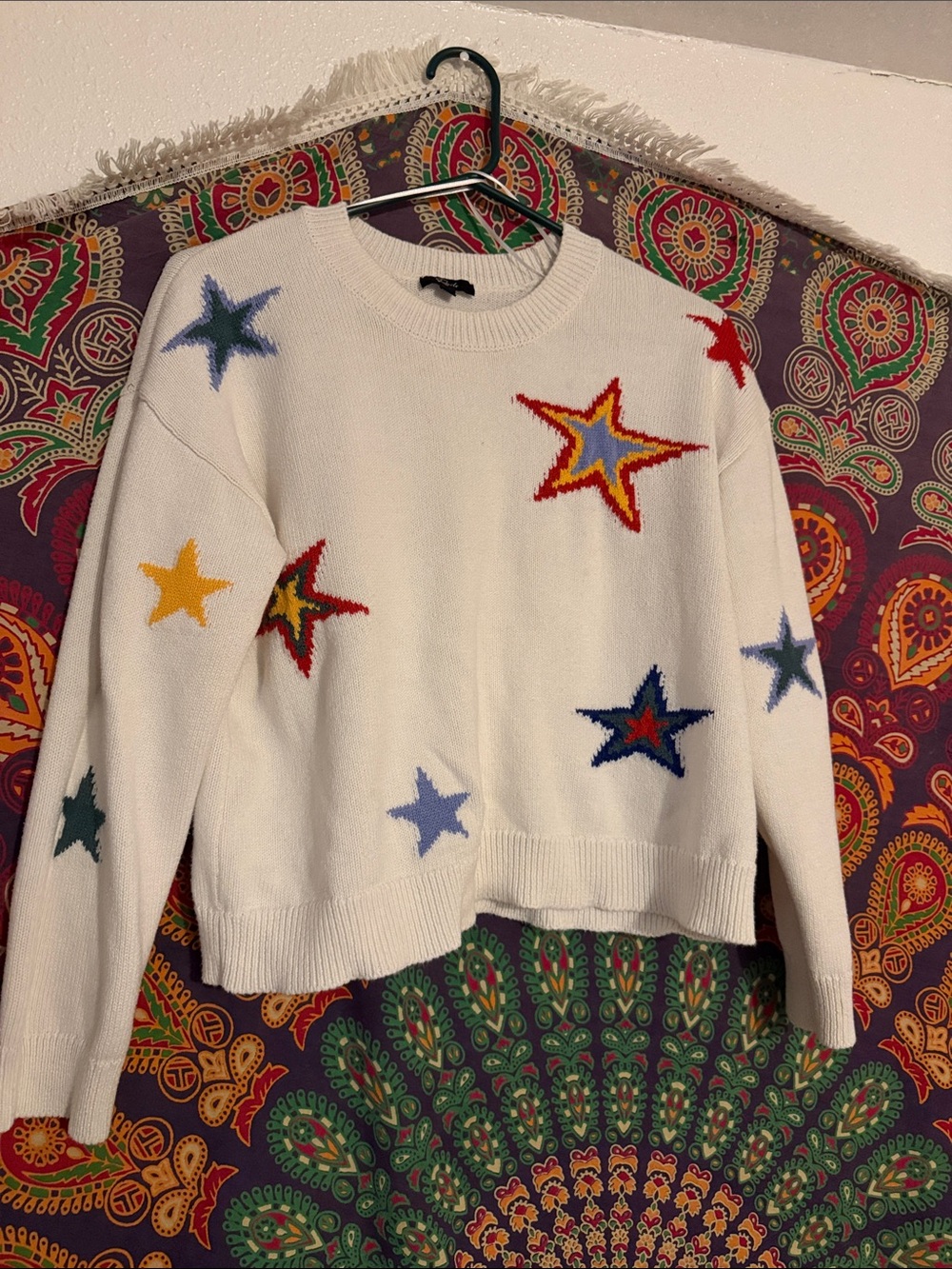 Rails White Crewneck Sweater with Multicolor Star Embroidery